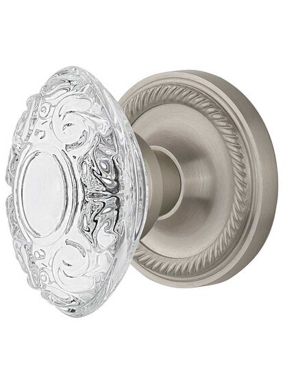 Rope Rosette Door Set with Victorian Crystal-Glass Knobs - 2 3/4 in Satin Nickel.